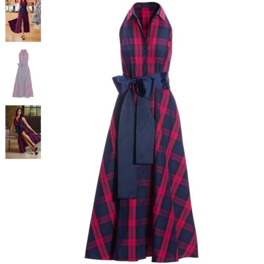 Boston Proper Plaid Shirt Dress size Brand New Multi Red & Navy Brocade Sash 6